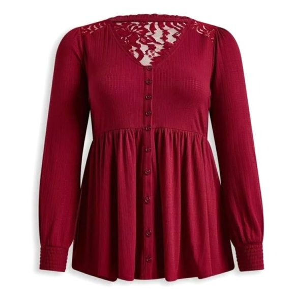 Torrid Babydoll Knit VNeck Button Front Lace Inset Peasant Top Red Plus SZ 3X - Picture 1 of 14